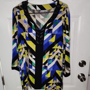 JM Collection Black and Yellow Graphic Embellished Blouse